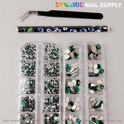 [Green] Multi Shape Size Nail Crystal Gem Rhinestone Set includes flat back gems, picker, tweezers, and storage box.
