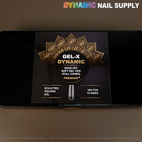 Black box: Sculpted Square (XXL) Soft-Gel Tips—330 full cover tips in 15 sizes, gold mandala design.