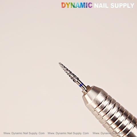 Close-up of Medium Grit Pointy Bit, a carbide nail drill for underneath nails; logo shown at top right.