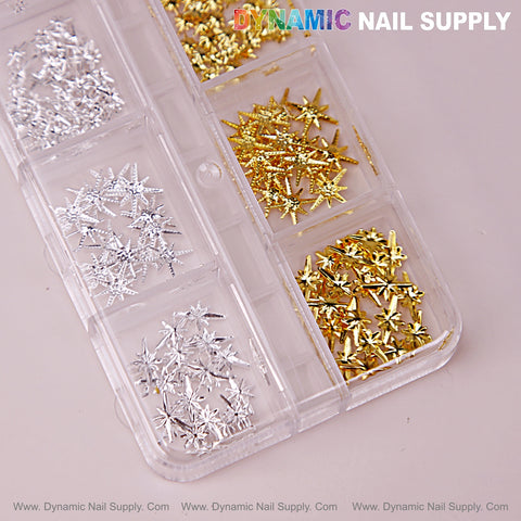 Gold & silver stars nail charms in a 6-section case—perfect for creative DIY nail designs.