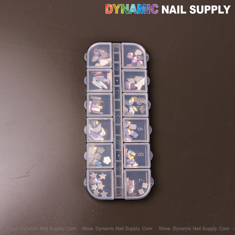 The Volcano AB 7 box has 12 compartments of mixed raindrop, square, heart & moon-shaped nail art rhinestone gems.