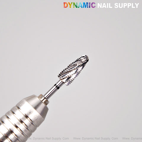 Close-up of the Extra Coarse XC Premium Cross Cut Typhoon Bit in a tool, with DYNAMIC NAIL SUPPLY at top right.