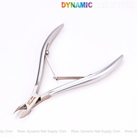 NT1222 - G07 5mm Professional Stainless Steel Cuticle Nippers with curved handles, DYNAMIC NAIL SUPPLY at top.