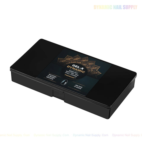 Natural Almond (Medium) Soft-Gel Nail Tips in a black box with gold design, shown on a white background.