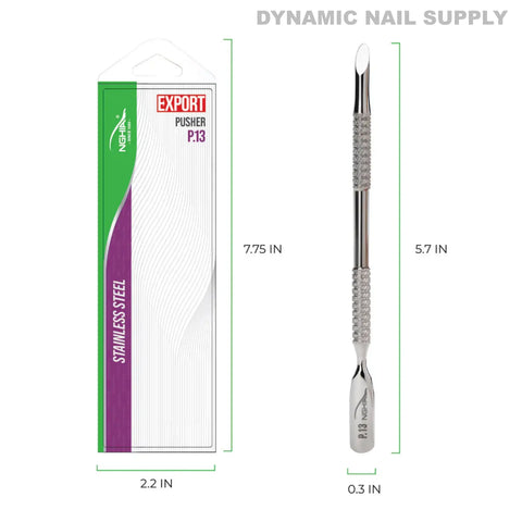 P-13 – Professional Double-Function Cuticle Pusher with textured grip, shown beside Export Pusher box, dimensions visible.