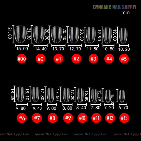 Thirteen Natural Round (Short) Soft-Gel Nail Tips (#00–#12), two rows, sizes labeled in mm (Pink Box).