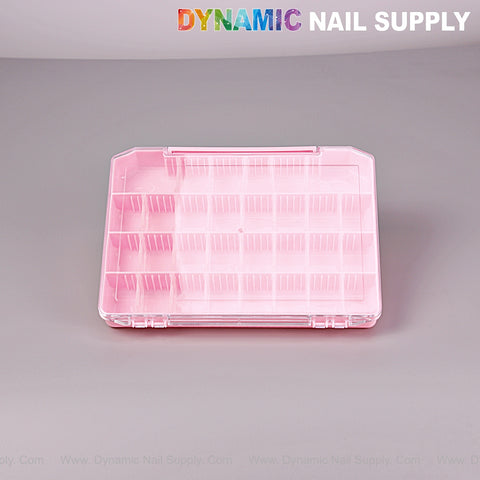 A Pink 30 grid 10x7 inch Charm Organizer Case with removable dividers sits open against a grey background.