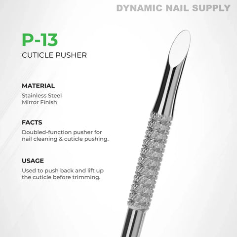 P-13 Professional Double-Function Cuticle Pusher: stainless steel, textured handle; info and instructions on the left.