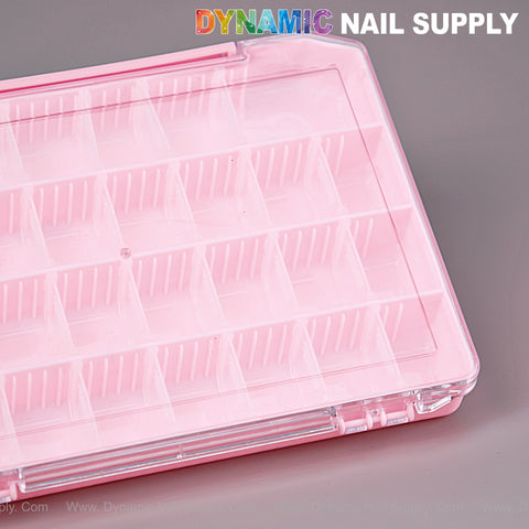 Pink 30 grid 10x7 inch organizer case with removable dividers, shown under Dynamic Nail Supply logo on gray background.