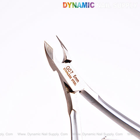 NT1222 - G07 5mm Professional Stainless Steel Cuticle Nipper with Dynamic Nail Supply logo on white background.