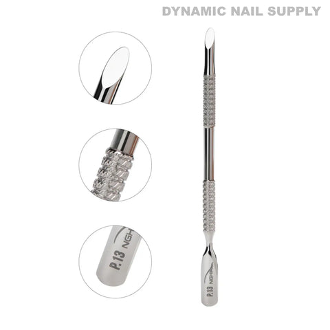 The P-13 Professional Double-Function Cuticle Pusher by DYNAMIC NAIL SUPPLY features a textured grip and double-ended design.