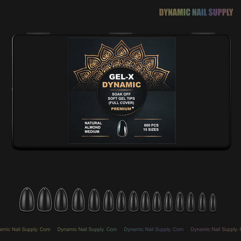 Black box holds Natural Almond (Medium) Full Cover Soft-Gel Nail Tips, sized 1–15, for perfect salon manicures.