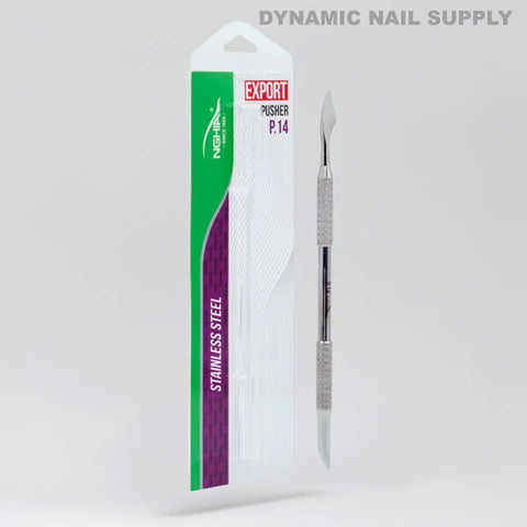 P-14 Professional Double-Function Cuticle Pusher (Oval & Axe) with textured grip; shown in retail packaging.