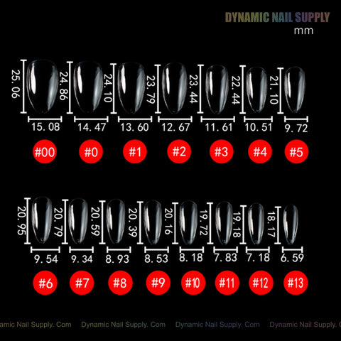 Chart of 14 Natural Almond (Medium) Soft-Gel Nail Tips, labeled by width, length, and red size numbers 0–13.