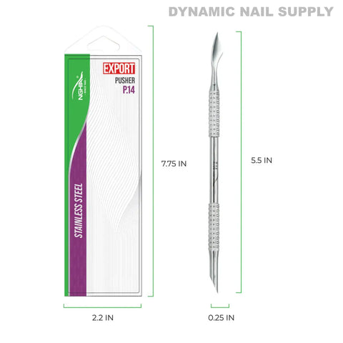 P-14 Professional Double-Function Cuticle Pusher (Oval & Axe); stainless steel; 7.75 long, 2.2 wide package.