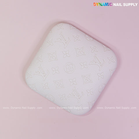 White LV Engrave-Grain elbow rest pad for nail techs, PU leather, durable for long hours.