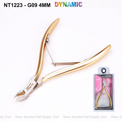 NT1223 - G09 4MM Professional Stainless Steel Cuticle Nippers next to clear packaging with pink and gray backing.