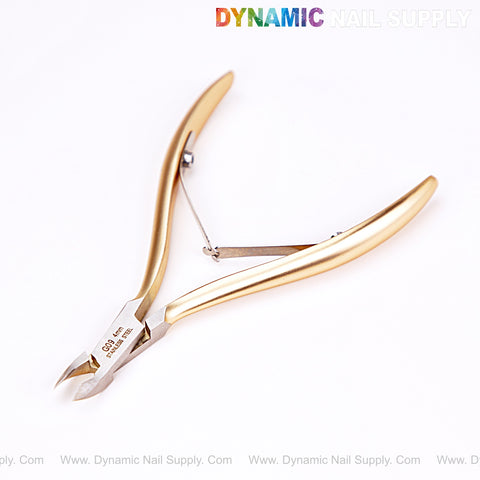 NT1223 - G09 4mm Professional Stainless Steel Cuticle Nippers with gold handle on white, logo at top.