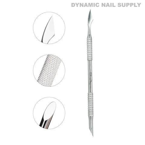 P-14 – Professional Double-Function Cuticle Pusher (Oval & Axe) with textured grip—Dynamic Nail Supply text above.