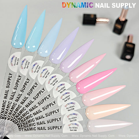 Long, pointed pastel nail swatches with Dynamic No-HEMA Gel Polish (Color 231–240) bottles in the background.