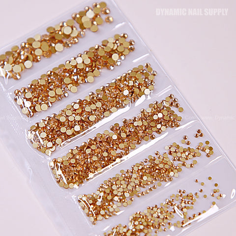 [Gold] Rhinestone set Flat Gold Back 6 Round Shapes and Mixed-Sizes