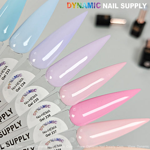 Six almond-shaped pastel swatches display Dynamic No-HEMA Gel Polish shades 231 to 240.