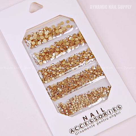 [Gold] Rhinestone set Flat Gold Back 6 Round Shapes and Mixed-Sizes