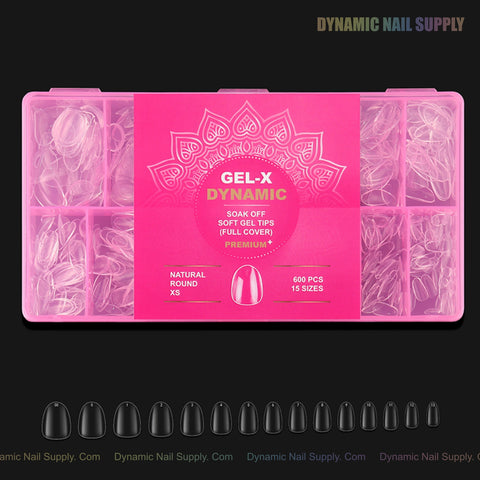 A pink box labeled “Natural Round XS” holds full cover soft-gel nail tips, shown in assorted sizes below.