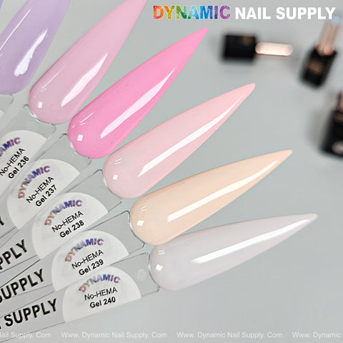 Five long pastel stiletto tips show Dynamic No-HEMA Gel Polish (231–240), labeled and set on a light gray background.