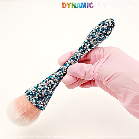 RB03 - [Teal Green x Mixed Rhinestone] Pink–White Ombre Round Bristle Nail Dust Rhinestone Brush for Cleaning Dust Dip Powder
