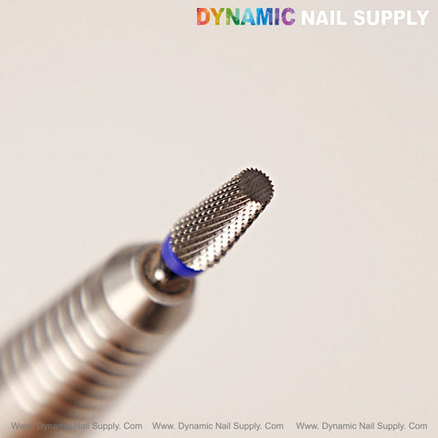 Close-up of the 5-in-1 Medium Silver Tapered Flat-Top Carbide Bit, ideal for cuticle sealing and smoothing acrylic.