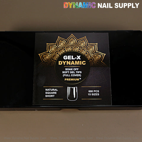 Black box labeled Natural Square (Short), 600 soft gel tips, 15 sizes, gold mandala design for Gel-X nails.