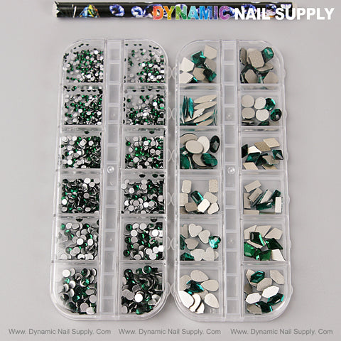 Two clear cases hold the [Green] Multi Shape Size Nail Crystal Gem Rhinestone Set—flat back, mixed shapes & kit.