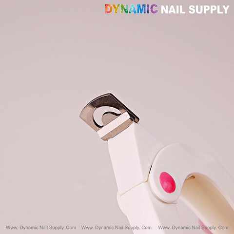 Close-up of Nail Tip Cutter With Measure Spacers under DYNAMIC NAIL SUPPLY text on a pale background.