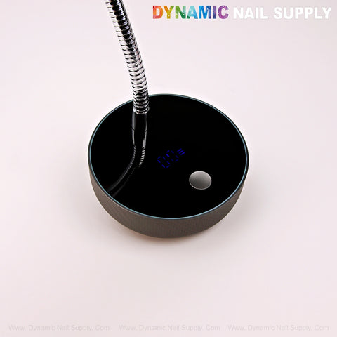 Black circular base Long Goose Neck Flash Cure Cordless UV LED Lamp with silver gooseneck & digital display.