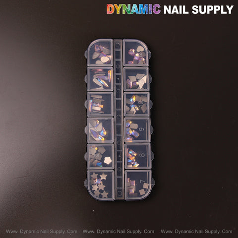 The Volcano AB 7 organizer has 12 sections with mixed raindrop, square, heart, and moon rhinestone gems for nail art.