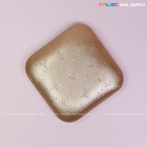 Metallic Gold LV Engrave Elbow Rest Pillow: soft PU leather, supportive for nail techs, embossed monogram, light pink.