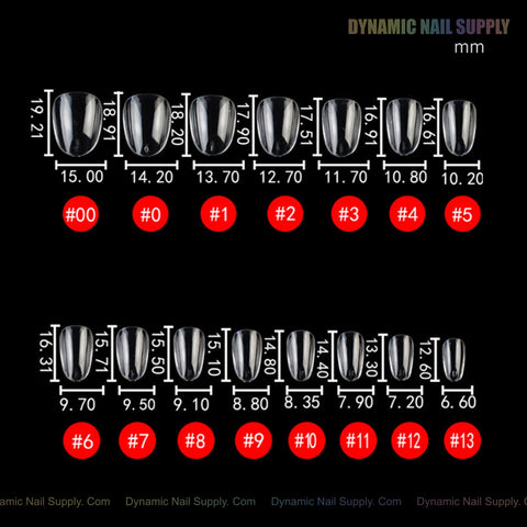A chart of 14 Natural Round XS Full Cover Soft-Gel Nail Tips in two labeled rows with sizes, widths, and lengths (#00–#13).