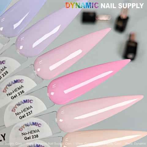 Five pastel nail tips display Dynamic No-HEMA Gel Polish shades 231–240, each labeled and long-lasting.