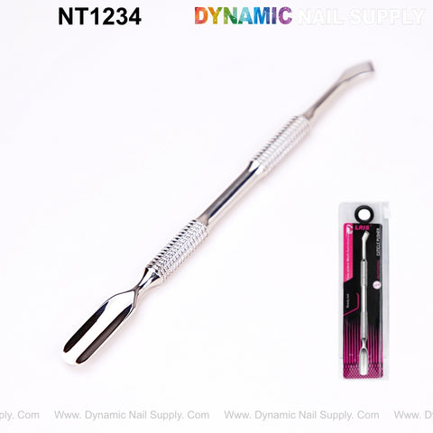 NT1234 Professional Double-Function Cuticle Pusher shown in packaging; features thin rectangle and spoon tips.