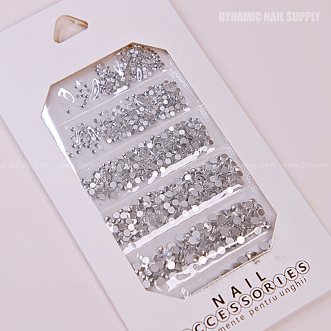 [Silver] Rhinestone set Flat Silver Back 6 Round Shapes and Mixed-Sizes