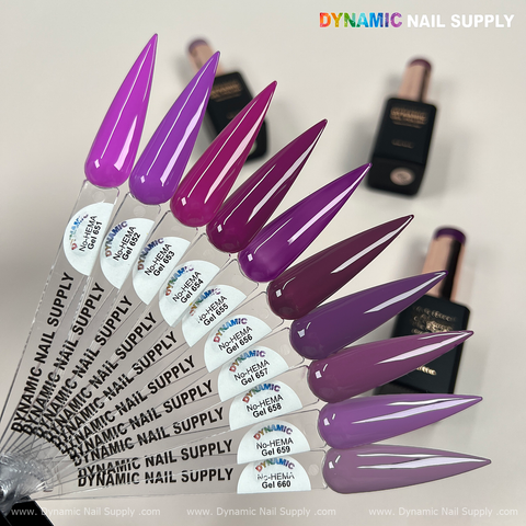 Ten pointed nail tips in Dynamic No-HEMA Gel Polish 651–660 fan out, with bottles shown for healthy nails.
