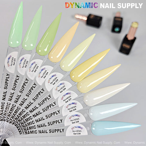 Dynamic No-HEMA Gel Polish - Color 221 to 230: swatches from light green to baby blue by Dynamic Nail Supply.