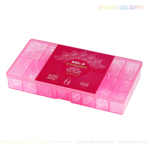 Pink box labeled Natural Stiletto (Medium) with Full Cover Soft-Gel Nail Tips and a mandala design on the lid.