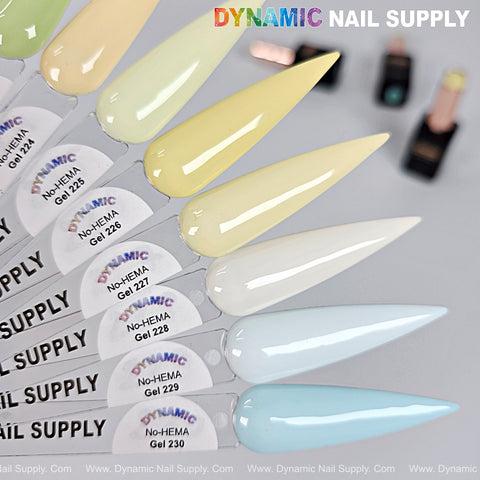 Five nail swatches display pastel Dynamic No-HEMA Gel Polish (Colors 221–230) for long-lasting, HEMA-free manicures.