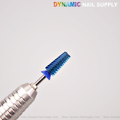 Dynamic Nail Supply 5-in-1 Medium Cross Cut Drill Bit (Blue) for shaping and smoothing; textured carbide tip.