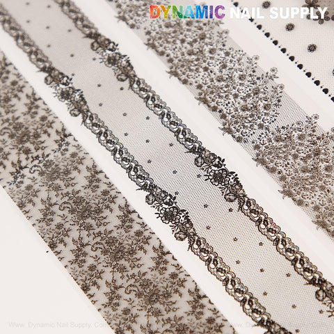 Black Mixed Design Nail Foil 5 features black and silver lace patterns, arranged diagonally on a white background.