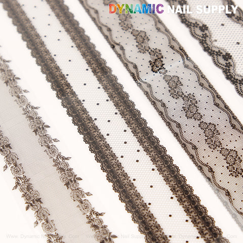Five black lace strips with floral and dot patterns. White and Black Lace Nail Foil 2 - chic nail art design foils.