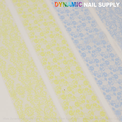 Blue Yellow Red Pink White Mixed Nail Foil 3 shown diagonally with florals. Dynamic Nail Supply at top right.