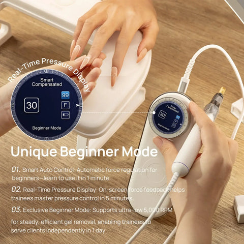 A hand uses the ONAIL Precision Portable AI Nail Drill with a round display showing Beginner Mode and nail care tips.